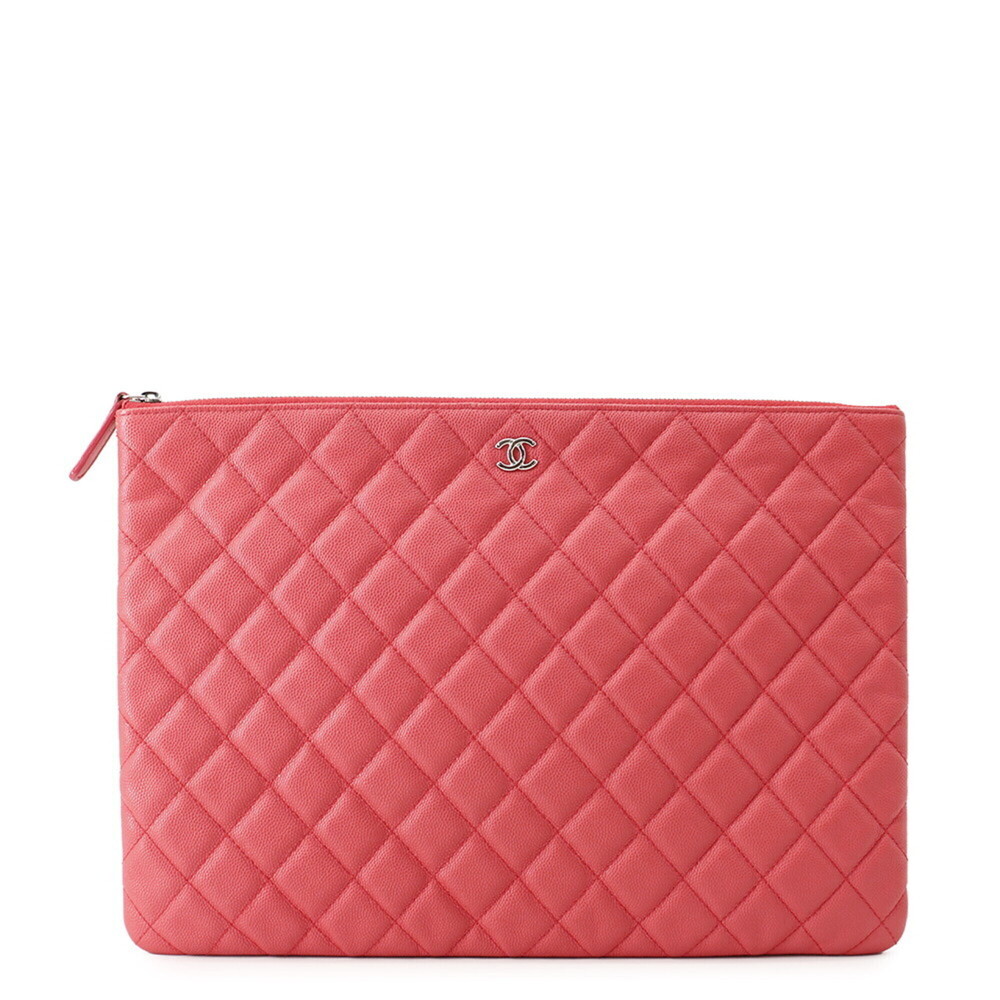 CHANEL Silver Caviar Leather Logo Clutch Bag